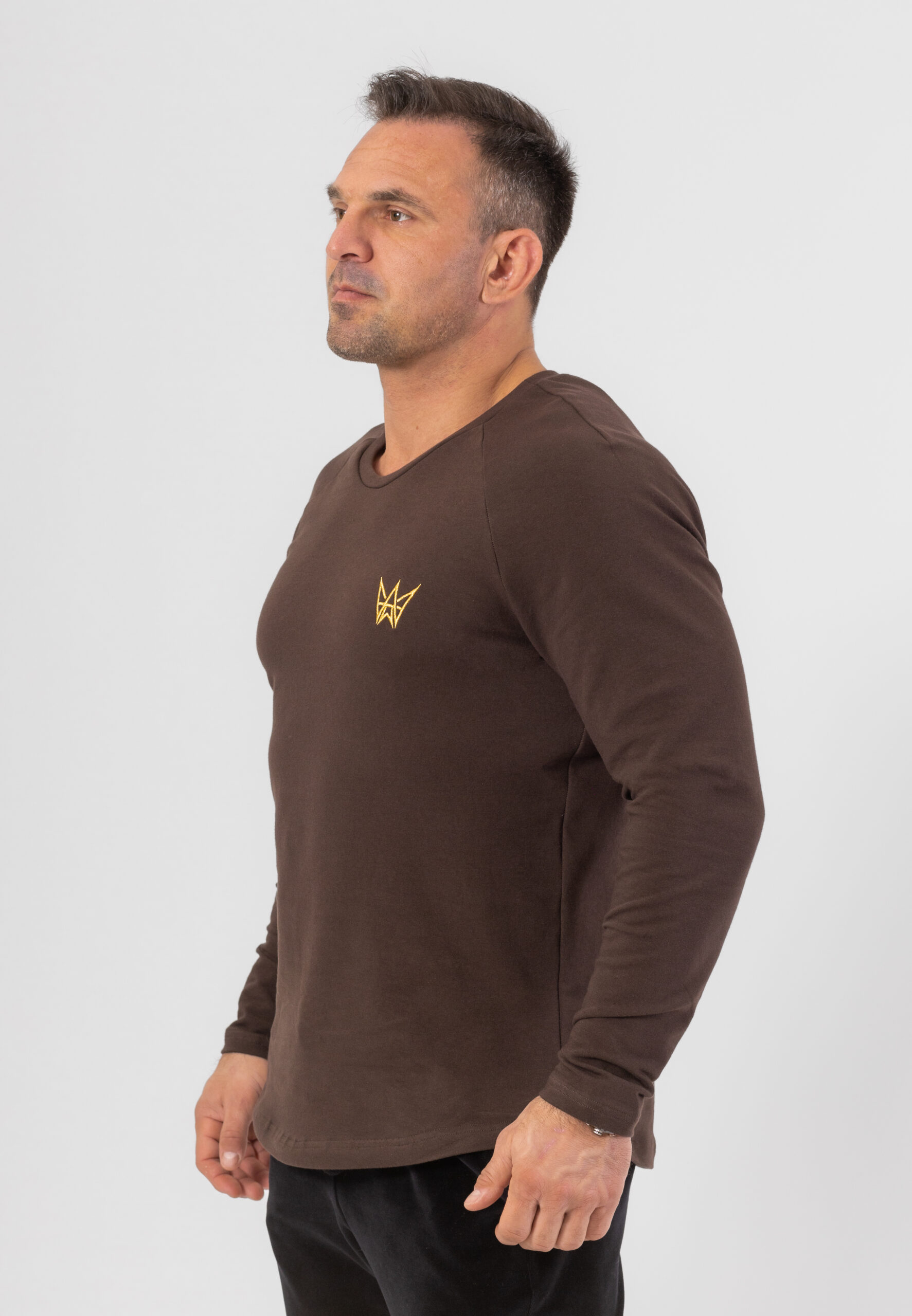 Bluza męska typu longsleeve w kolorze czekoladowym, z raglanowymi rękawami.