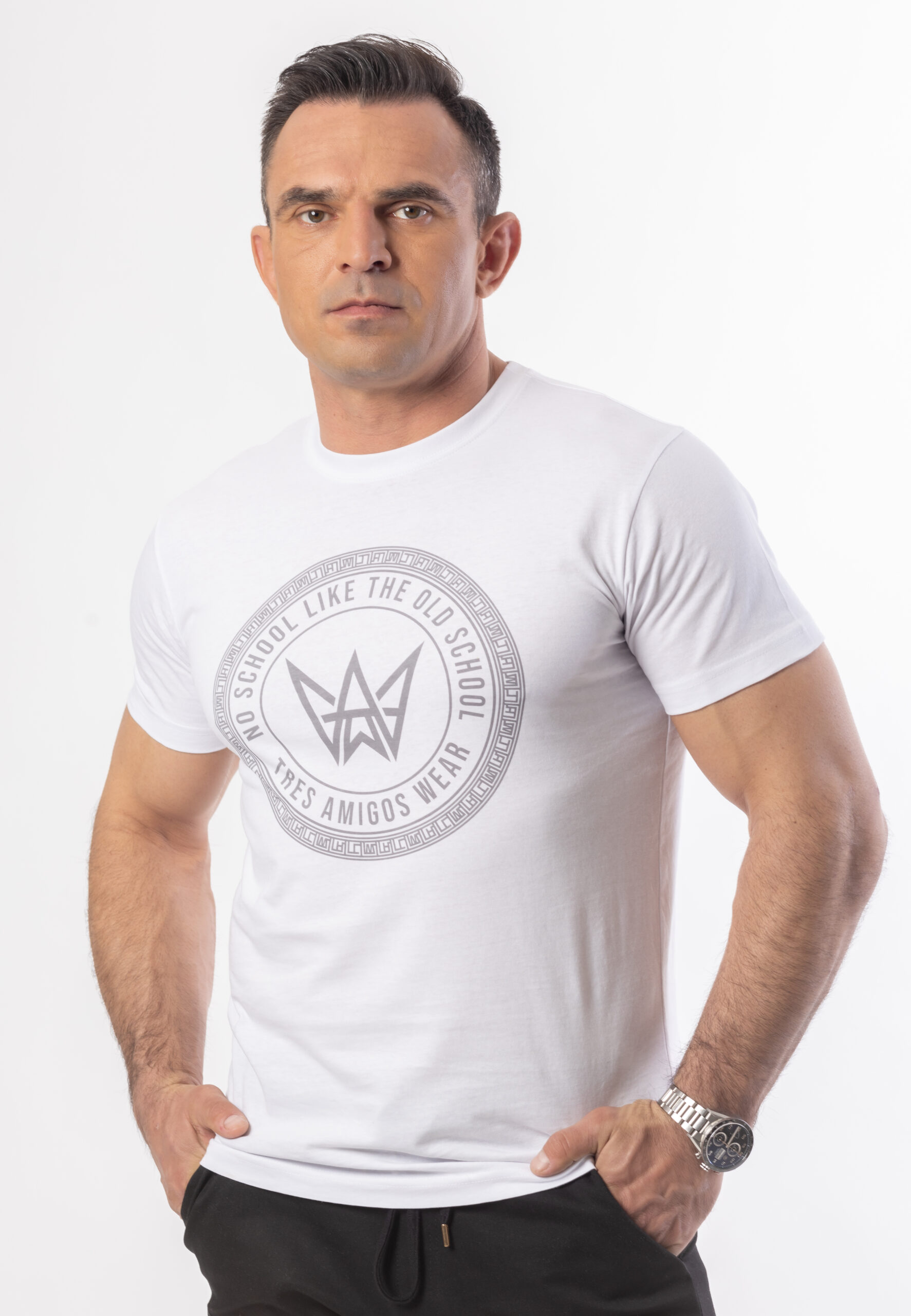 Koszulka Basic Slim Fit Classic TA Logo - Biało-Szara 1 Koszulka Basic Slim Fit Classic TA Logo - Biało-Szara
