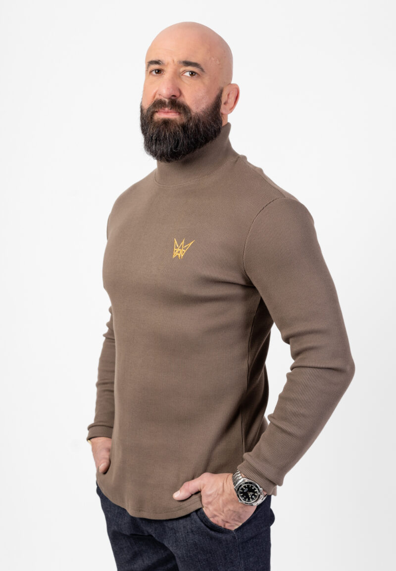 Sweter Golf Z Długim Rękawem Prążkowany Brązowy