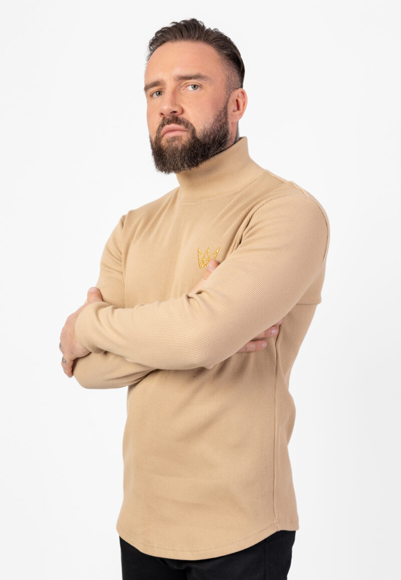 Sweter Golf Z Długim Rękawem Prążkowany Beżowy