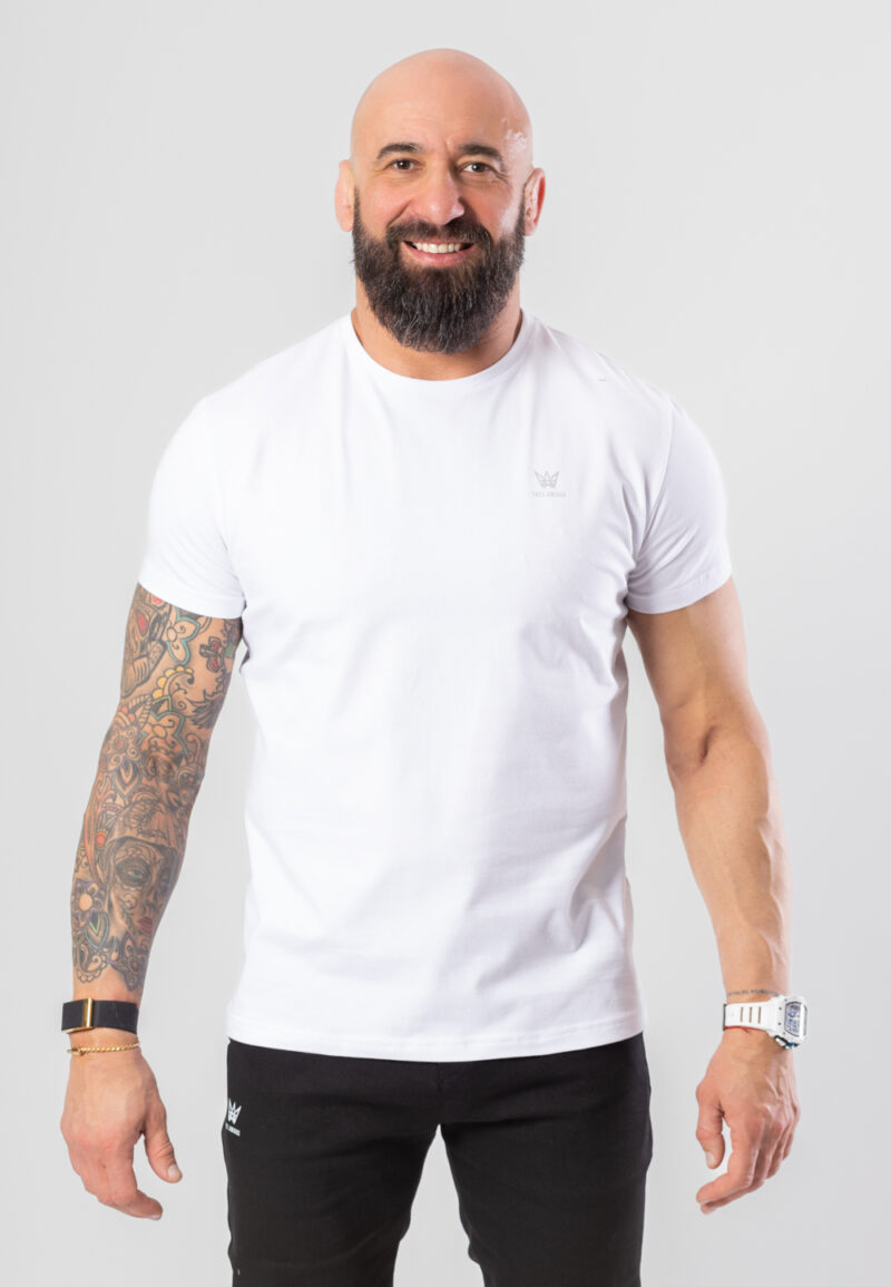 Koszulka Krótka Paco Slim Fit Biała - Szara Drukowana Korona