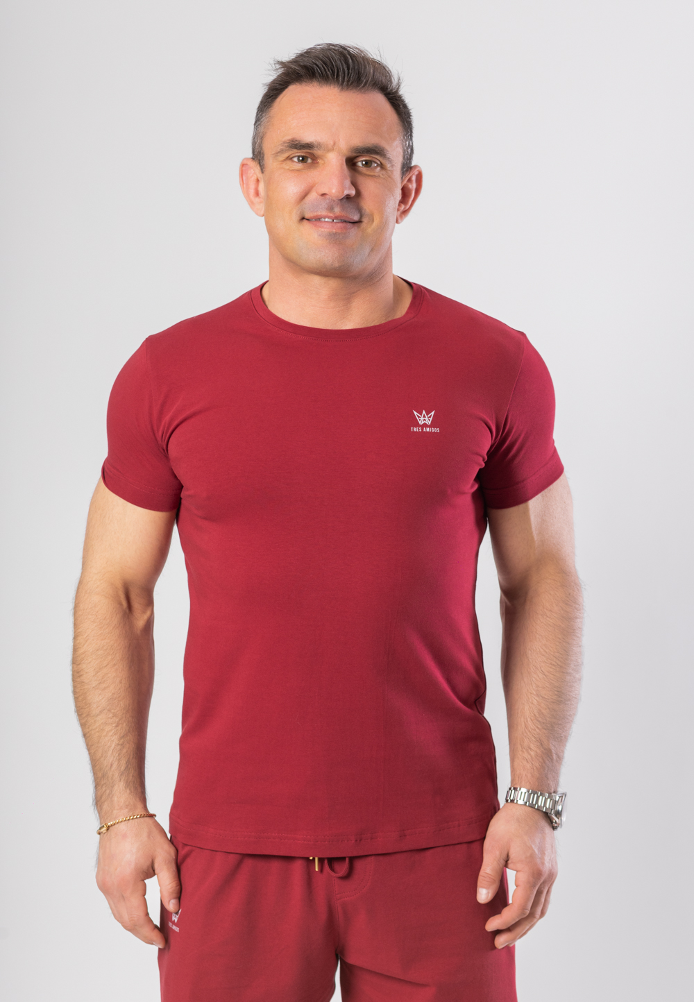 Koszulka Krótka Paco Slim Fit Bordowa - Szara Drukowana Korona 1 Koszulka Krótka Paco Slim Fit Bordowa - Szara Drukowana Korona