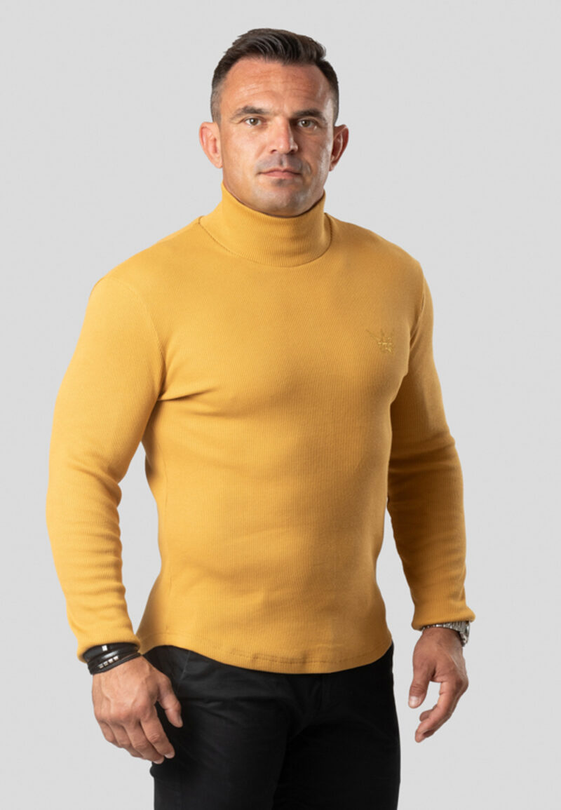 Sweter Golf Z Długim Rękawem Prążkowany Musztardowy