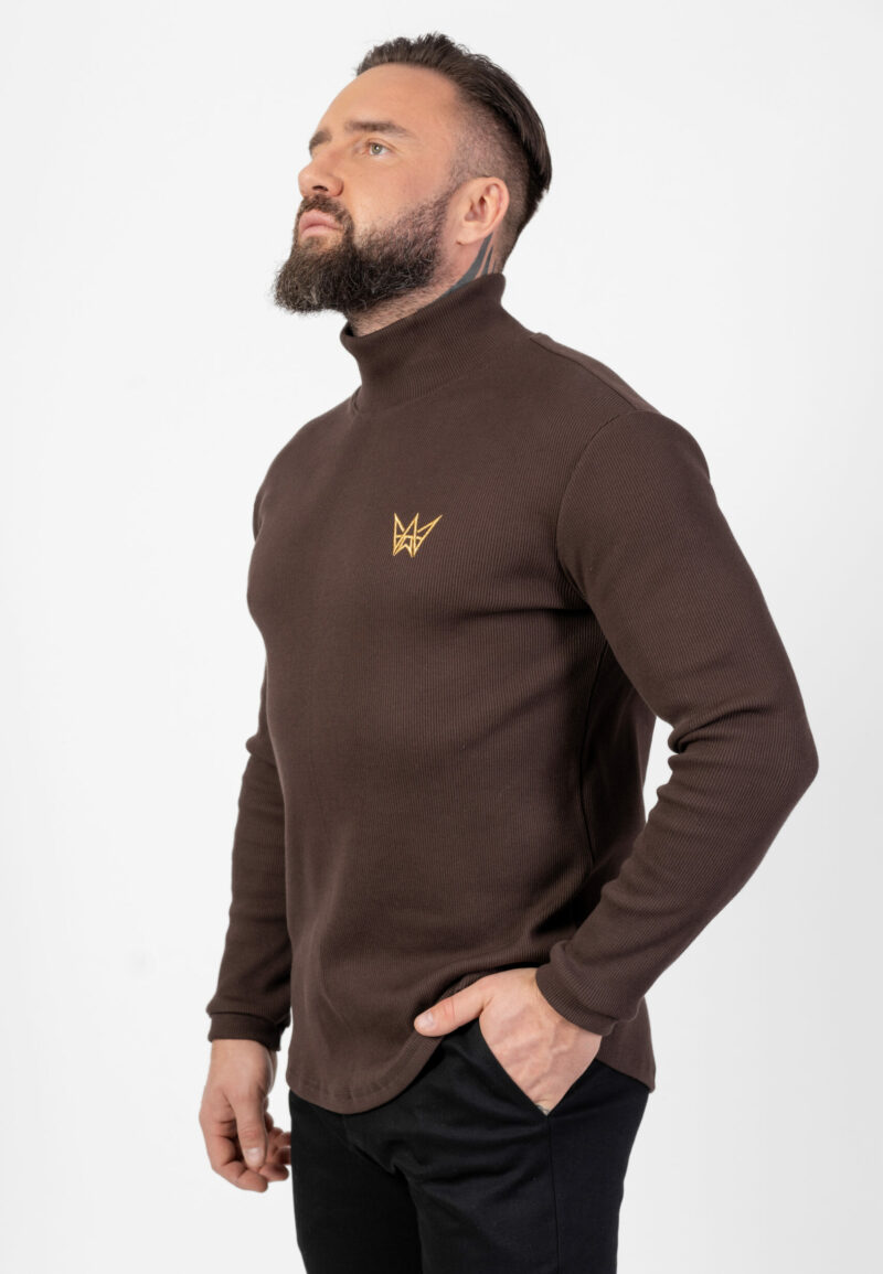 Sweter Golf Z Długim Rękawem Prążkowany Czekoladowy