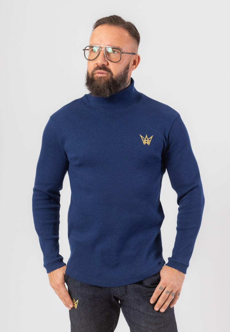 Sweter Golf Z Długim Rękawem Prążkowany Granatowy