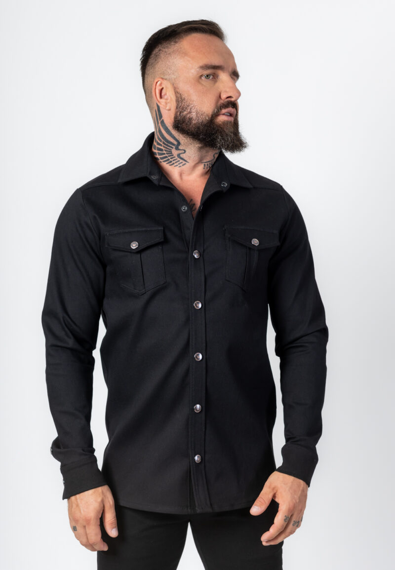 Koszula Długi Rękaw Gruba Bawełniana Czarna